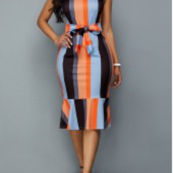 Tie Front Color Stripe Sheath Dress - Picture 2 of 2